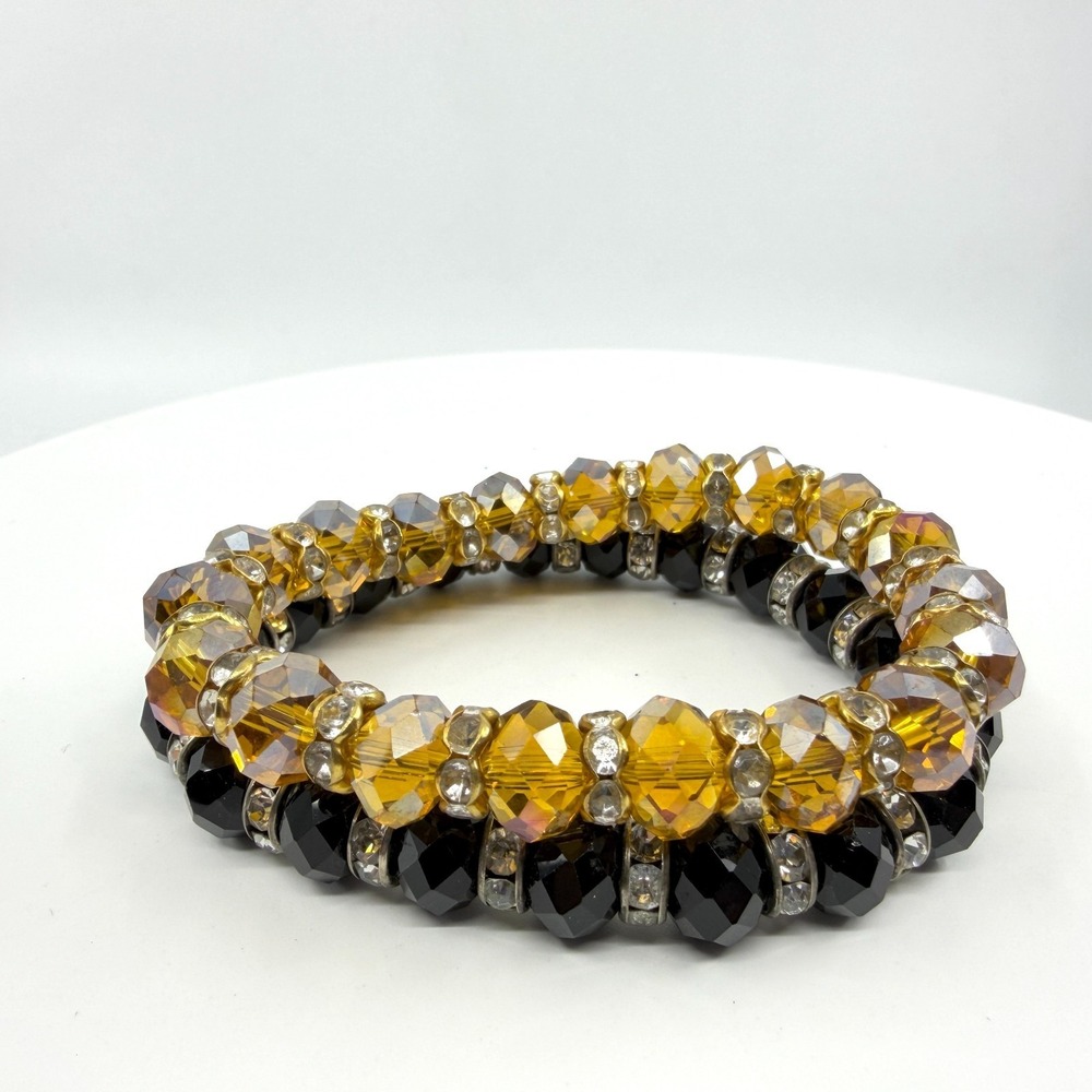 Amber & Black Crystal Beaded Stacking Bracelet Set - Statement Jewelry Gift